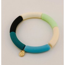 Bracelet tube bleu en acrylique, monté sur fil élastique, présenté dans un véritable œuf de poule - Cadeau original et unique.